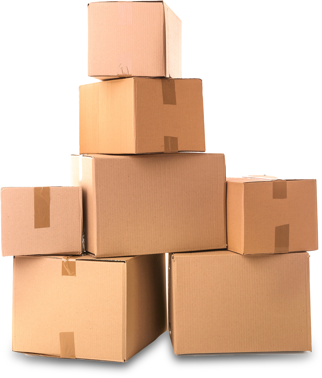 Stack of eight brown cardboard boxes, varying sizes.