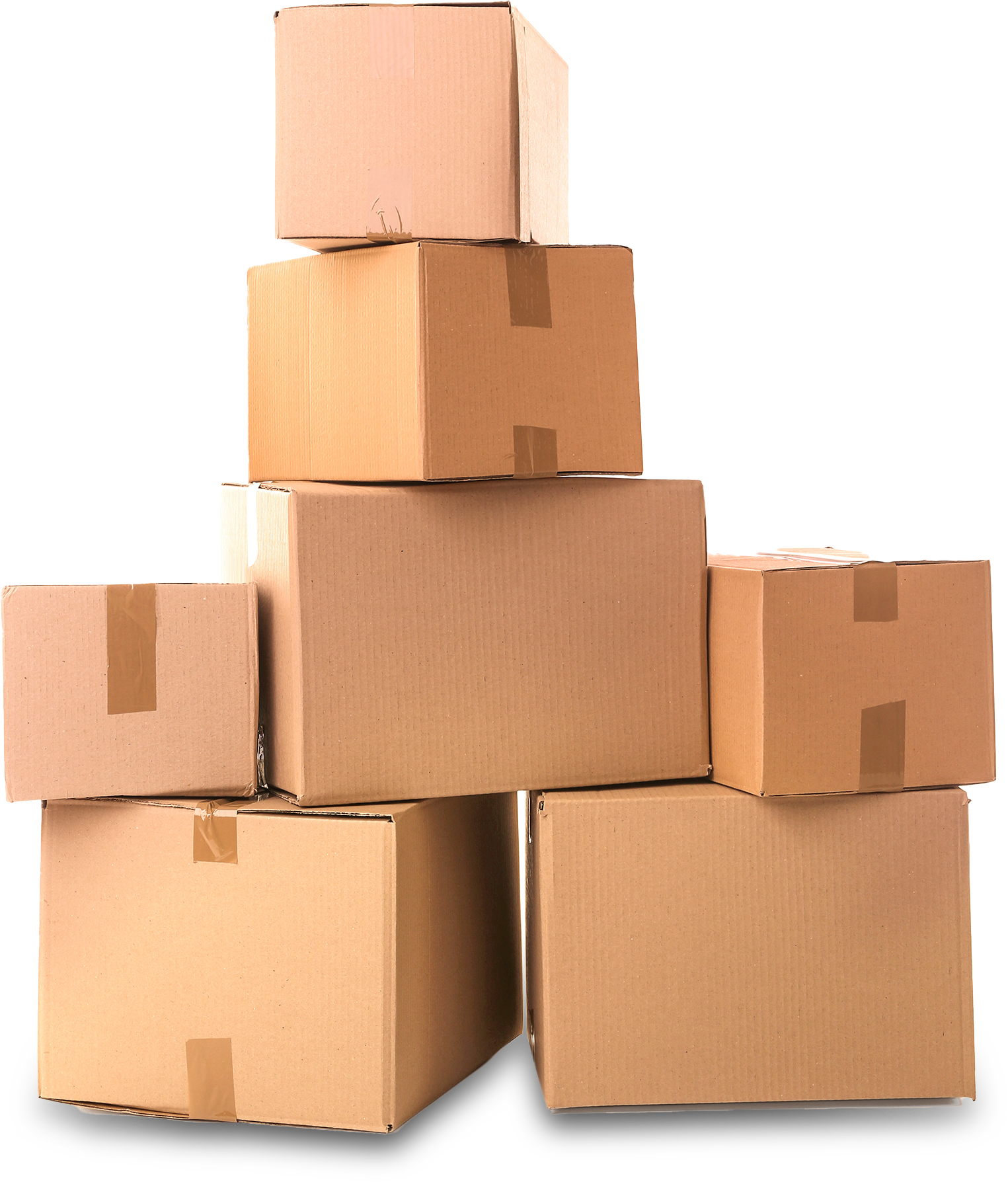 Stack of eight brown cardboard boxes, varying sizes.